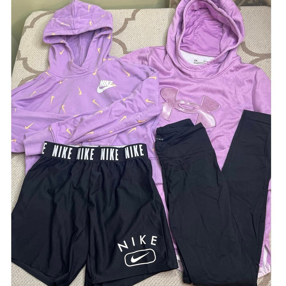 Nike Under Armour Girls 4-Piece Bundle Sweatshirts Shorts Leggings Athletic Set